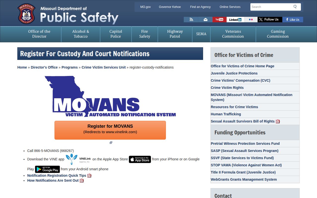 Missouri DPS MOVANS custody notification registration guidance