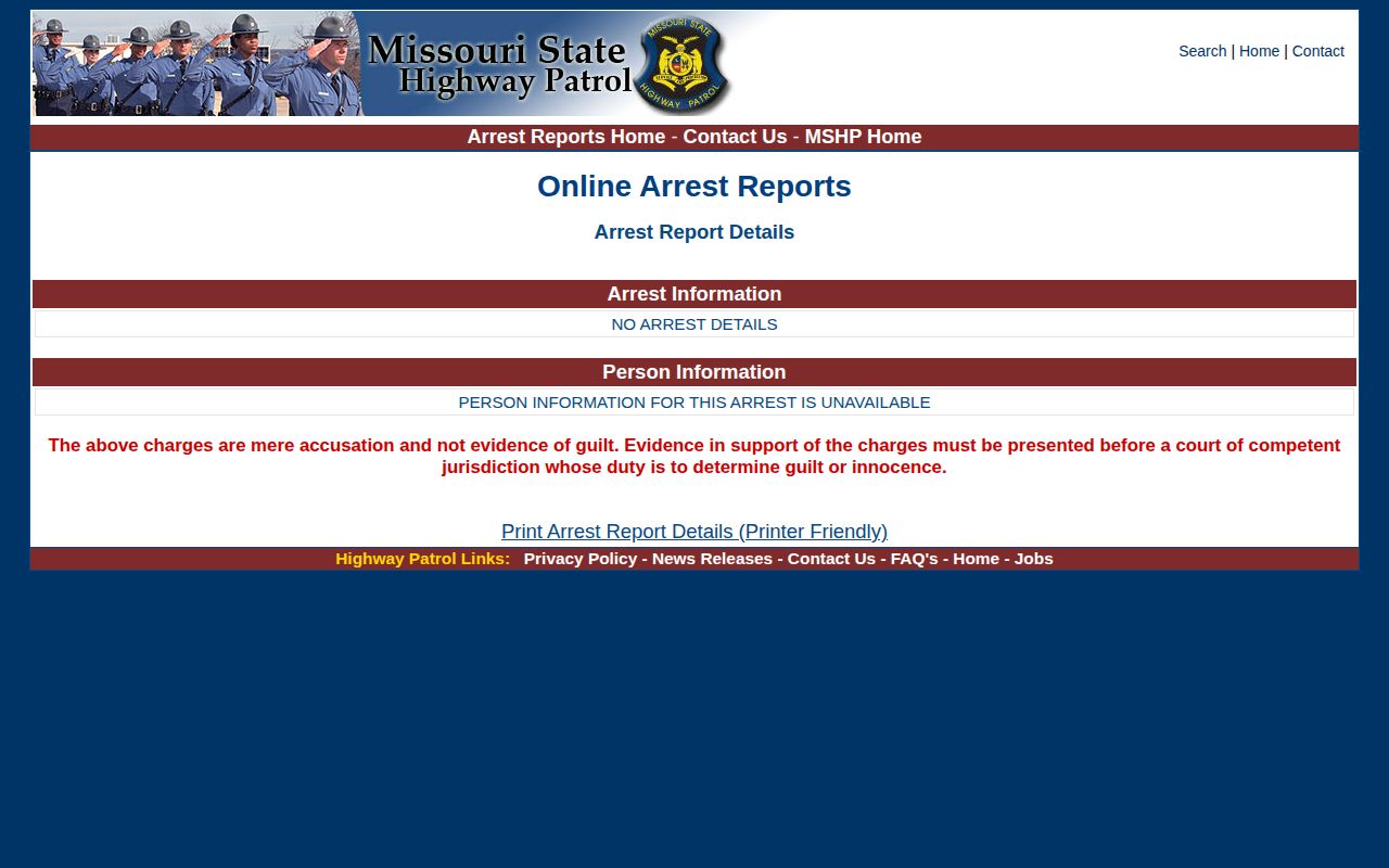 Missouri State Highway Patrol arrest detail interface with report fields
