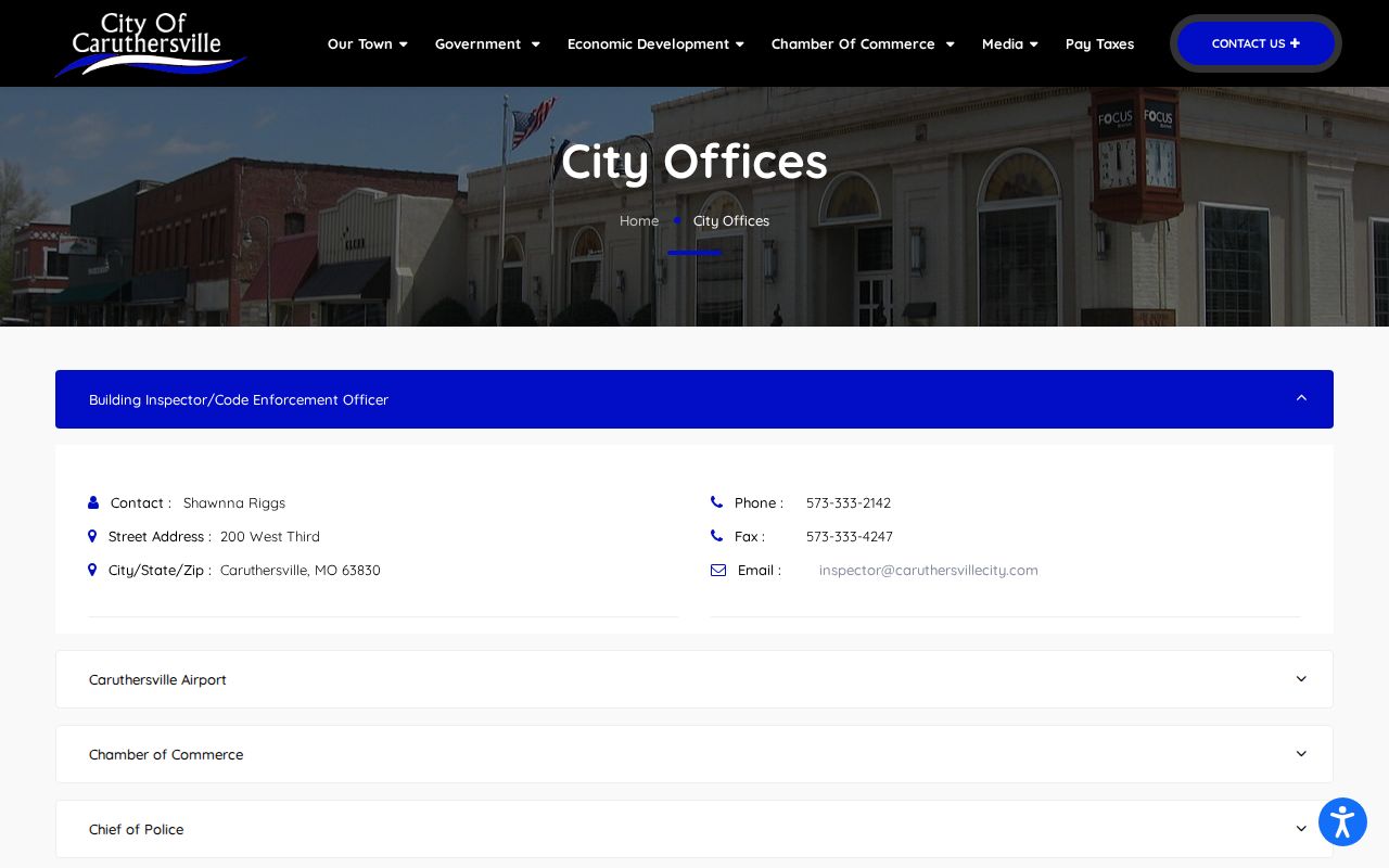 Caruthersville city offices page with official police contact information