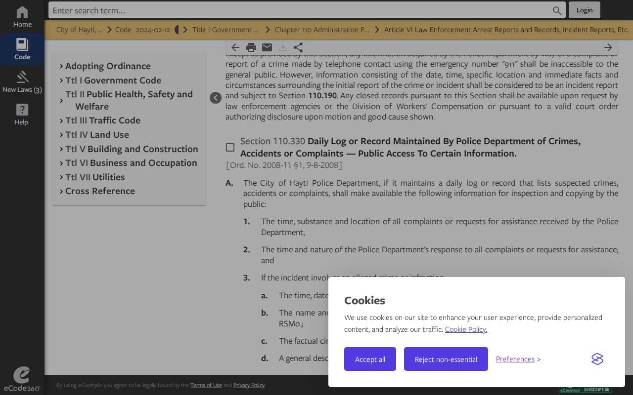 Hayti municipal code page describing arrest reports and conditional daily-log access