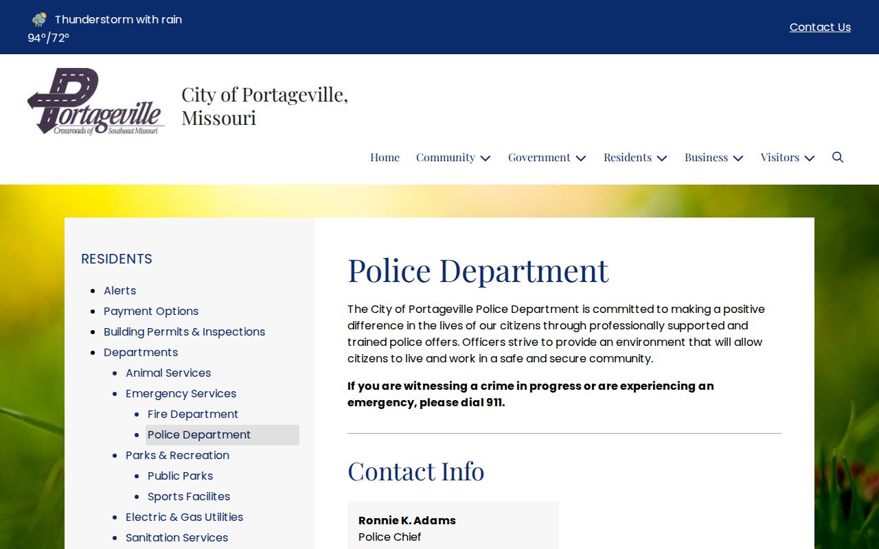 Official Portageville Police Department page with administrative contact information