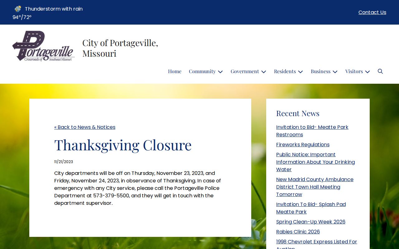 Portageville city notice with an after-hours police contact number