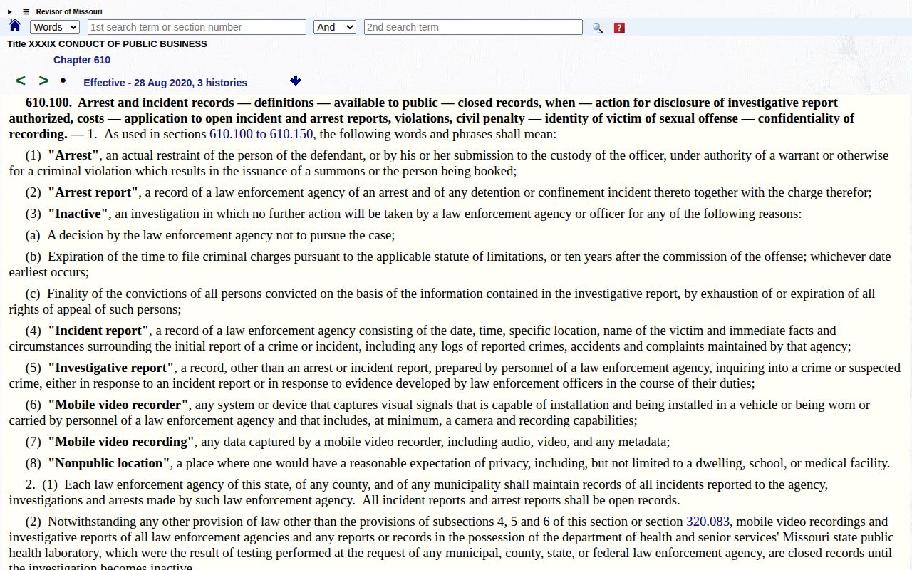 Missouri Revised Statutes section 610.100 arrest record provisions