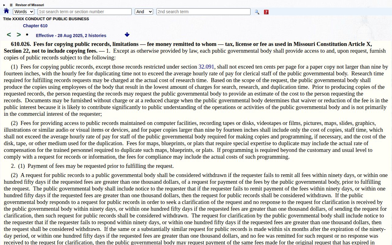 Missouri Sunshine Law records fee statute